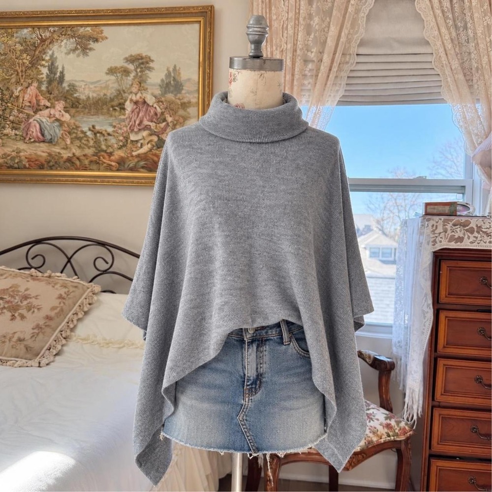 gray poncho sweater oversized turtlneck flowy split gray sweater